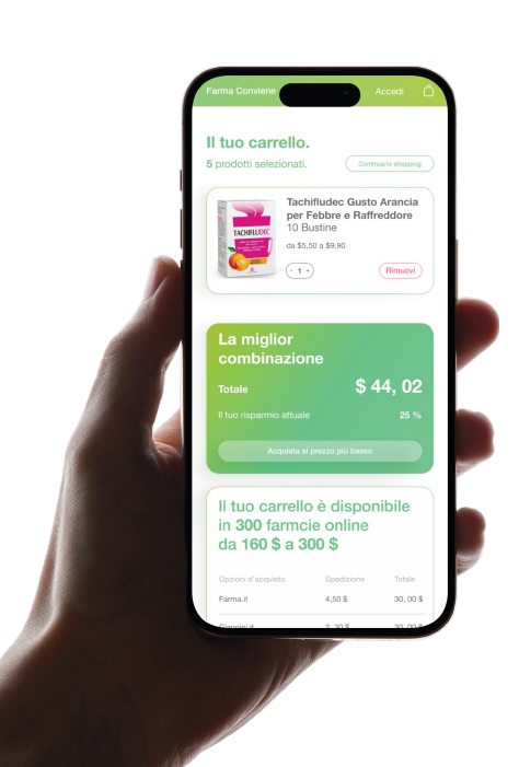 Mano che tiene uno smartphone con l'app FarmaConviene